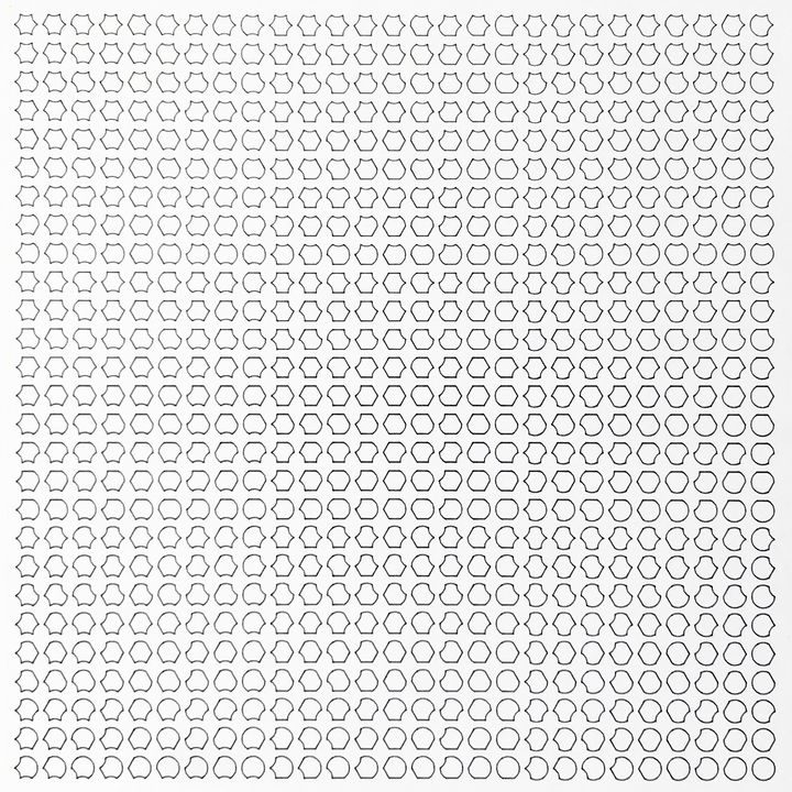 6 trits hexagons, arcs, black on white, in sequence