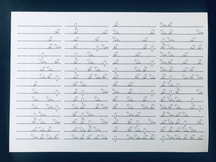 6 bits birds on a branch, black on white, branches in sequence; birds shuffled