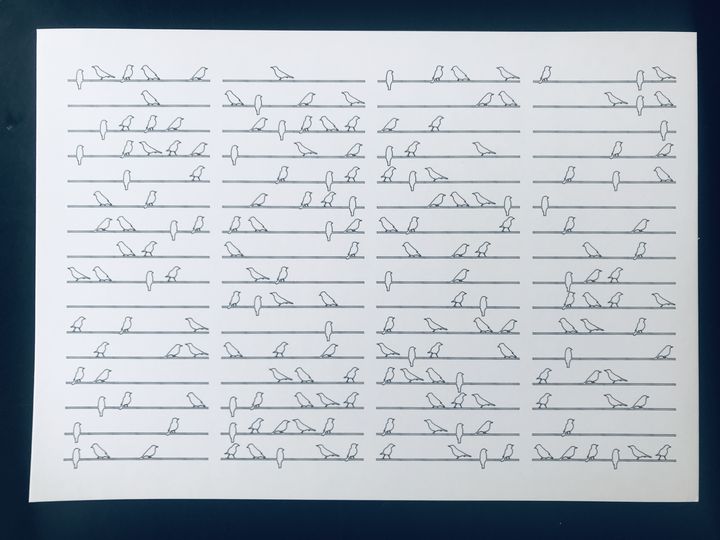 6 bits birds on a branch, black on white, branches and birds shuffled