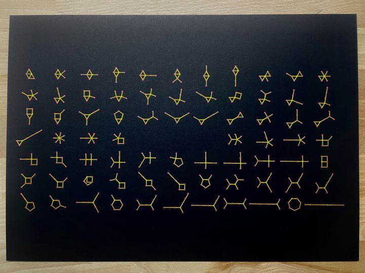 Seven matchsticks, all 74 configurations, gold and red on black