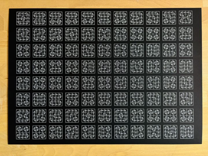Arrows and ants, white on black, A3